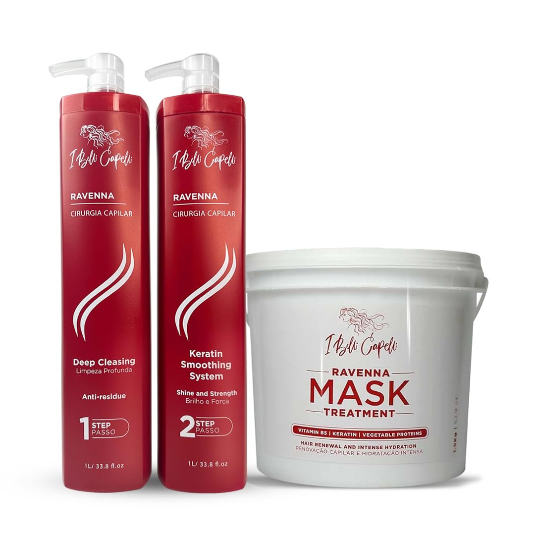 Ravenna Cirugia Capillar Kit - Shampoo + Hair Surgery System (1 Kg/35.2 fl oz) Formaldehyde-Free + Hair Mask for Damaged Hair (1,5 Kg/52.9 fl oz) - Straightening & Moisture for All Hair Types (3 Pack)