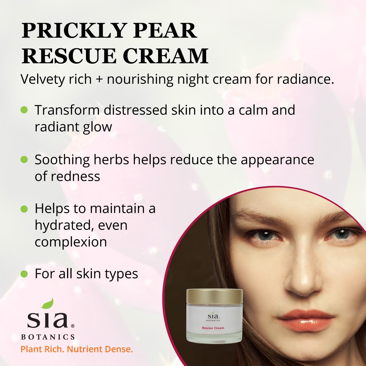 Sia Botanics Rescue Face Cream (65g/2.3oz Glass Jar) | Facial Moisturizer w/Prickly Pear Cactus, Aloe Vera, Green Tea Extract | Natural, Clean, Botanical Skincare for Women