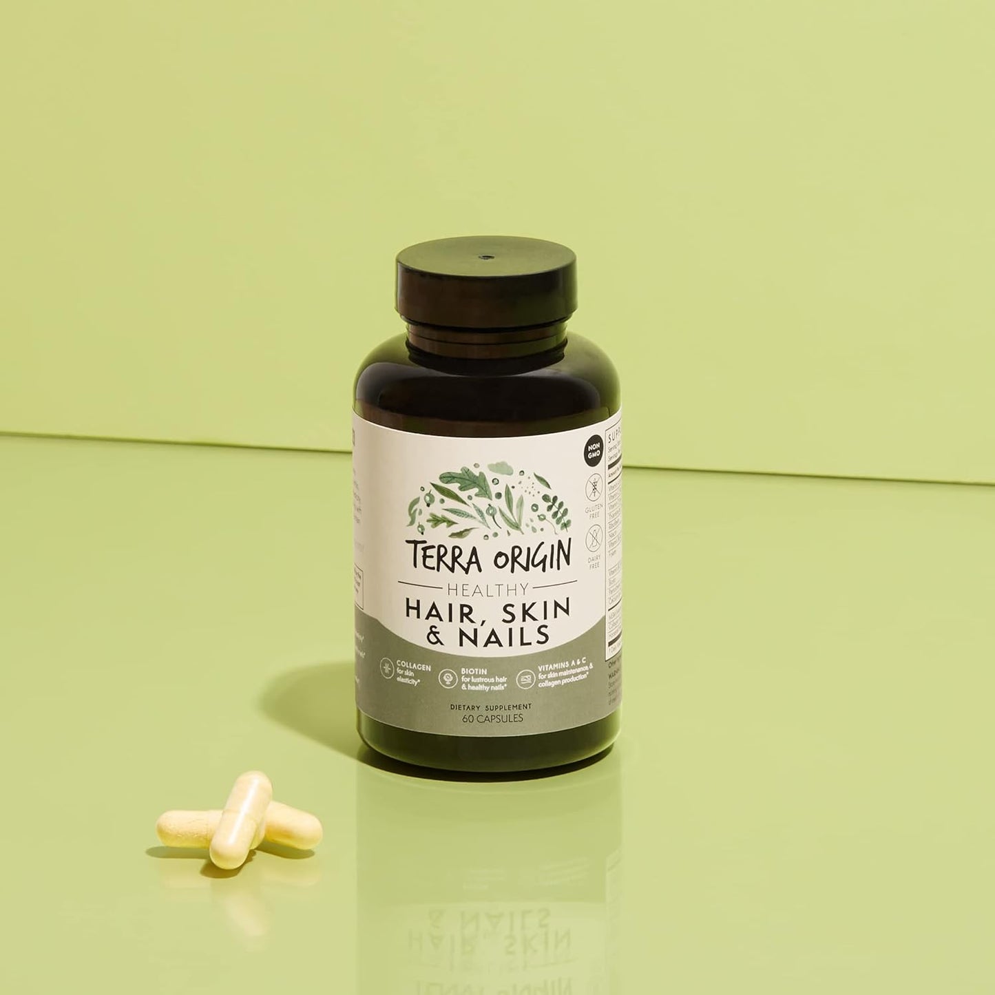 TERRA ORIGIN Healthy Hair, Skin and Nails Supplement | Collagen, Biotin, Horsetail & B-Complex | Supports Hair Strength, Skin Elasticity & Nail Growth | Vitamins for Women and Men | 60 Capsules