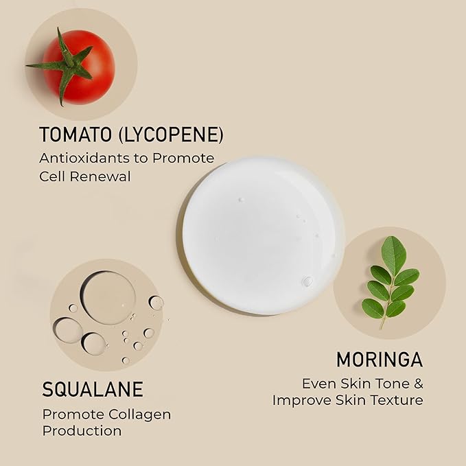 Hydrating Lycopene Tomato and Hyaluronic Acid Serum for Face and Neck, Olive Squalane and Moringa Skincare for Smooth Skin, Lightweight and Non-Greasy Formula for All Skin Types