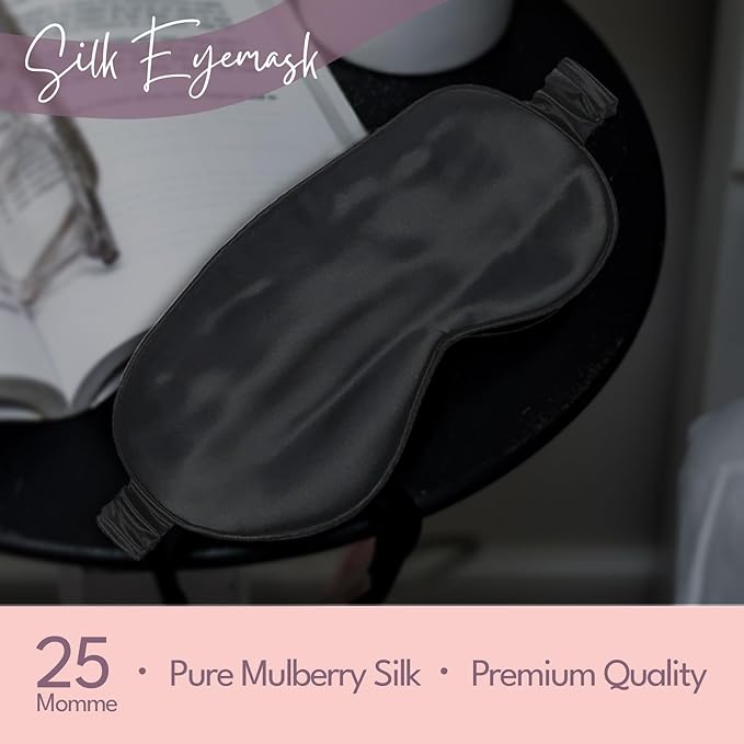 CELESTIAL SILK Sleep Mask for Women With Covered Elastic Strap, 100% Silk Filled Eye Mask for Sleeping (One Size, Black)