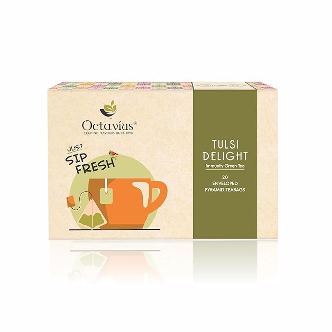 Octavius Enveloped Tulsi Delight Herbal Tea | Caffeine-Free & Ayurvedic Wellness Blend | Immunity Boosting Tulsi Green Tea in Easy to Use – 20 Pyramid Tea Bags