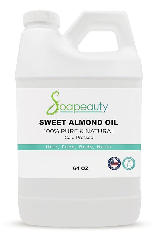 Soapeauty Sweet Almond Oil Cold Pressed Refined | 100% Pure Sweet Almond Oil Available in Bulk | Carrier for Essential Oils, Almond Oil for Skin, Face, and Hair, Soap Making | 64 fl oz