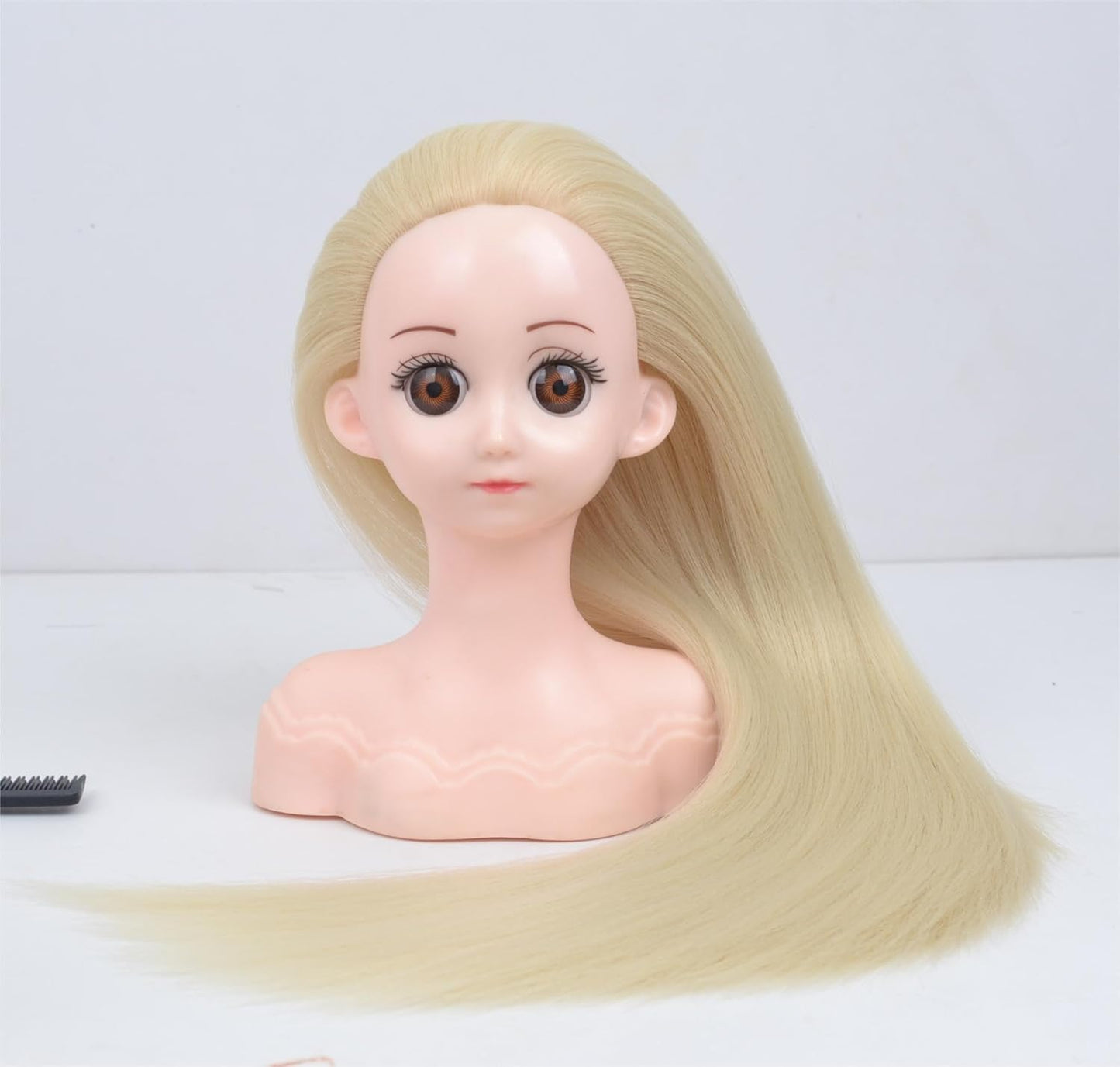 Small Doll Head For Hair Styling,Mini Synthetic Mannequin Head,Doll Head With Clamp Holder & Tools, Practice Doll Head For Hair Braiding,Styling and Cutting with Two Bows (Blond)