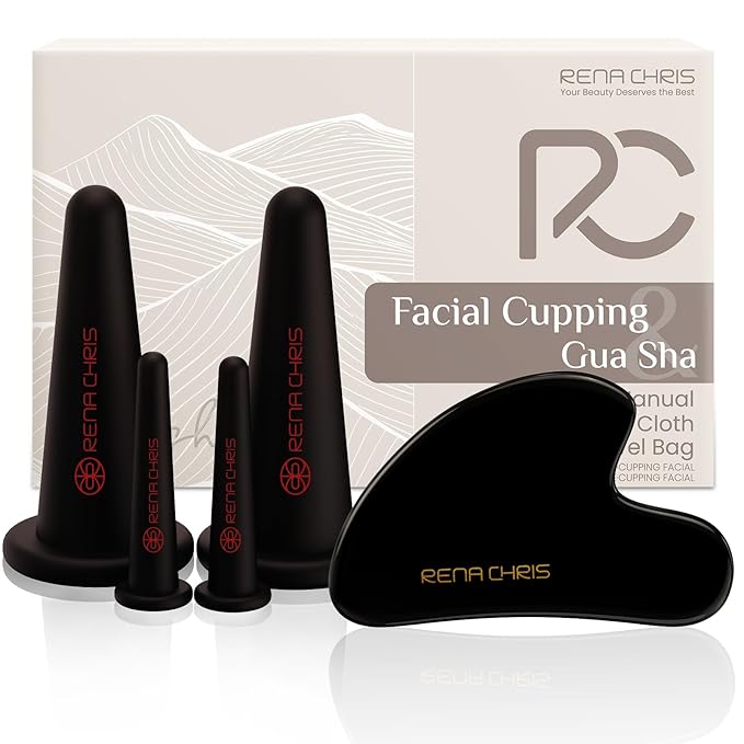 Rena Chris Facial Cupping Set & Gua Sha Facial Tool - Silicone Cupping Set & Obsidian Gua Sha Stone - Face Cupping Therapy Set for Natural Skin Care, Puffiness, Lip Plumping(Black)