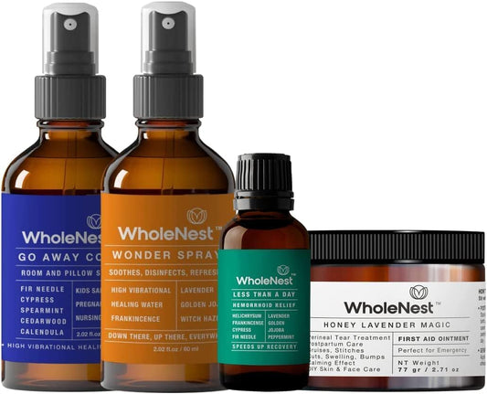 Postpartum Essential Kit | Ultimate Gift for New Moms | Includes Wonder Spray, Honey Lavender Magic Ointment, Hemorrhoids Relief, & Go Away Cold! Spray | Natural, Safe, Multi-Purpose Care