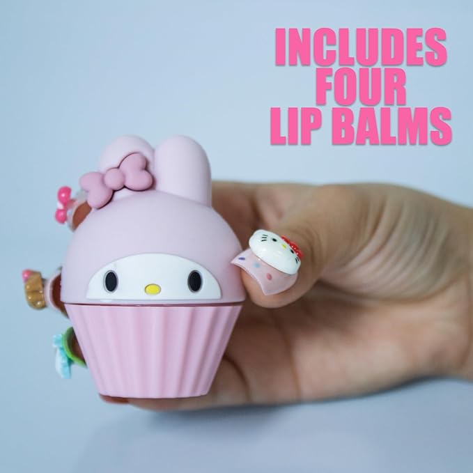 25 Glam Lux Bundle Kawaii Cupcake Scented Lip Balm Set, Hello Kitty & Friends Characters, 4 Pack, Moisturizing Formula Kuromi Melody Hydrating Yummy Scented