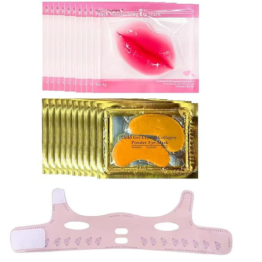 20 Pairs Lip Masks & Eye Masks,V- Face Lift Strap, 24K Gold Gel Crystal Collagen Eye Pads,Moisturizing Lip Mask Crystal Pads,Under Eye Patches for Dark Circles,Eye Bags, Wrinkles, Full face care