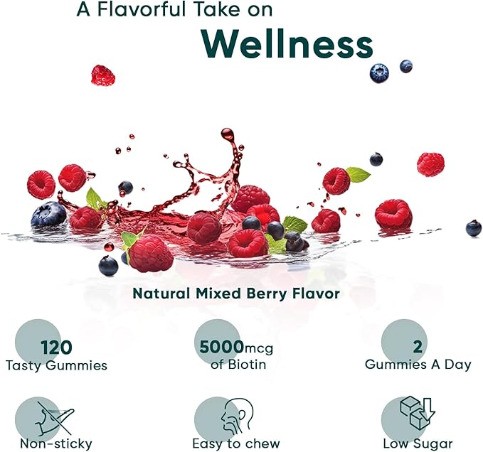 maxmedix Biotin Gummies 5000mcg 120 Hair Nails and Skin Vitamins Gummies – Natural Berry Flavour Vitamin B7 Gummies