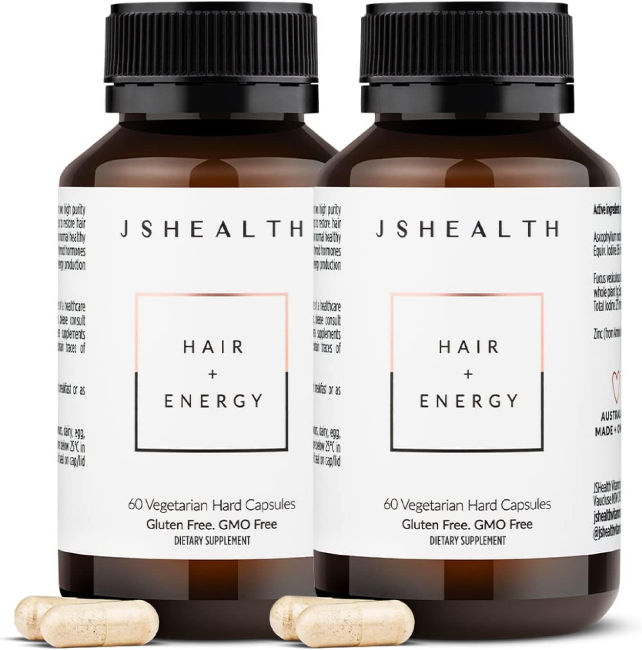 JSHealth Vitamins Hair + Energy Formula | Hair Vitamins for Women and Men with Iodine and Zinc | Supports Hair Strength, Energy Levels, and Healthy Hair Maintenance (60 Capsules Pack of 2)
