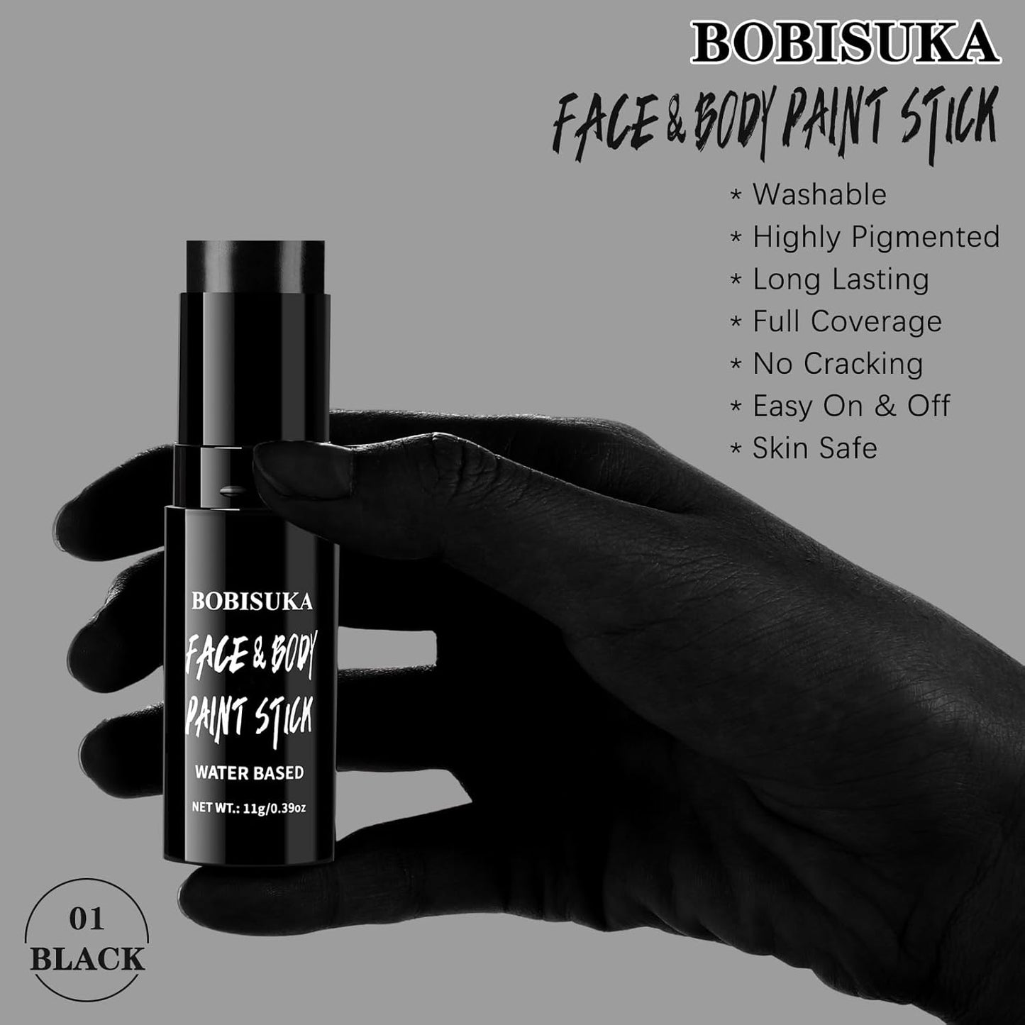 BOBISUKA Black Face & Body Paint Stick Washable Water-Based Face Paint Makeup Stick for Halloween Skeleton, Skull, Clown, Joker, Cosplay, SFX, Sports Eye Black & Costume Party