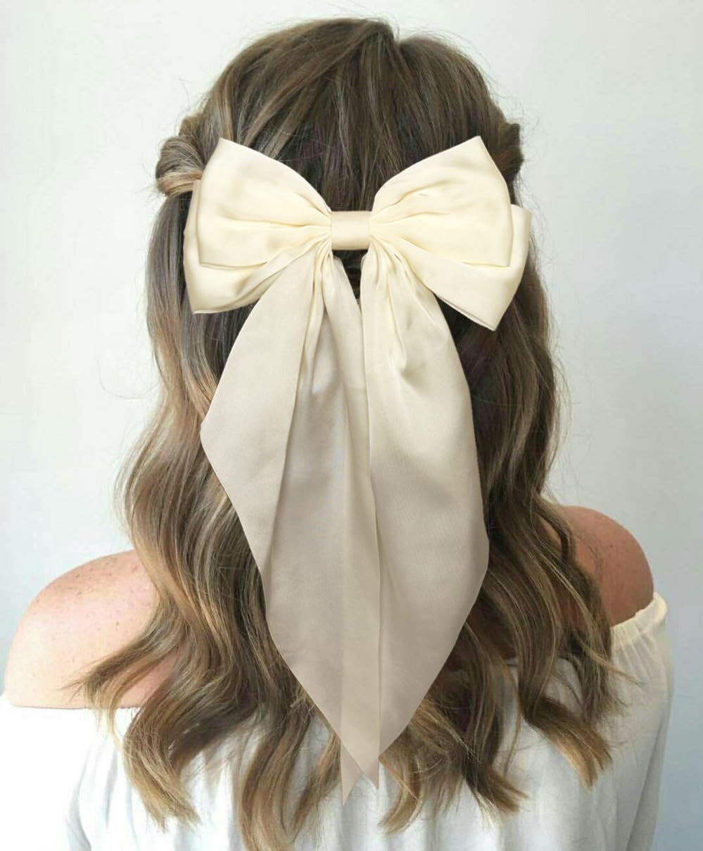 Furling Pompoms Hair Clip Hair Bows, 2pcs Beige/Black Satin Big Hair Bows for Women & Girls, Hair Barrettes with Alligator Clips, Hairpins for Long Tails, Hair Accessories