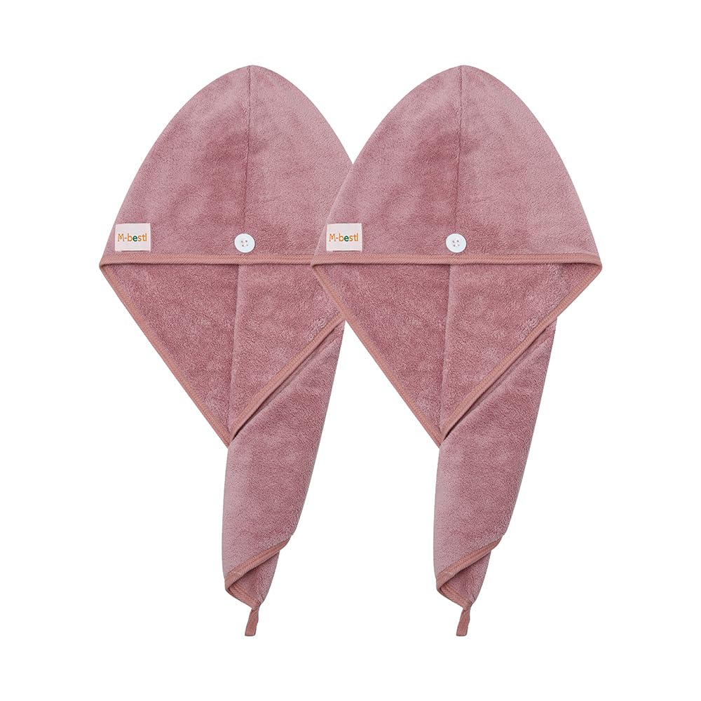 2 Pack Microfiber Hair Towel Wrap,Hair Drying Towel with Button Design,Head Towel to Dry Curly Hair Quickly (Bean Pink)