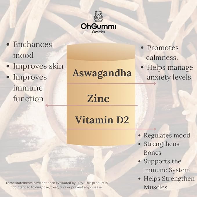 Ashwagandha 1500mg + Zinc, Vitamin D2 Vegan Gummies (Ashwagandha Roots)