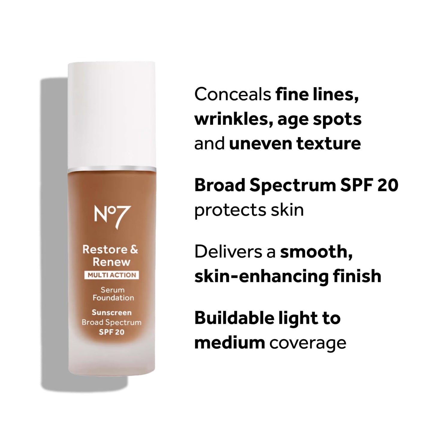 No7 Restore & Renew Multi Action Serum Foundation - Porcelain - Liquid Foundation Makeup with Vitamin C, Vitamin E & Collagen for Face - Beauty Skin Serum Formula with Medium Coverage (30ml)