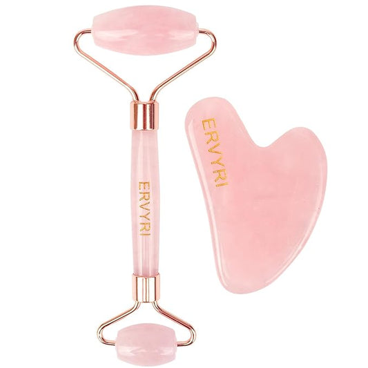 Jade Roller and Gua Sha Set - Rose Quartz Face Roller Skin Care Gua Sha Facial Tools , Face Massager for Women, Relieve Stress, Remove Wrinkles Eye Puffiness-Pink