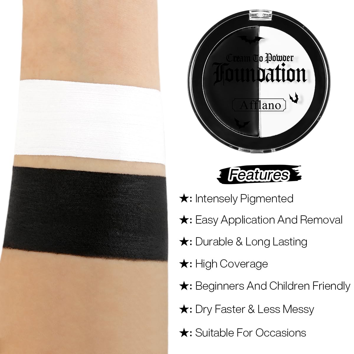 Halloween Black White Face Paint, Goth White Foundation Makeup Cream To Powder Greasepaint, Emo Gothic Clown Cosplay Face Painting Full Coverage, Eye Black Body Paint SFX Cary Skeleton Zombie Costume