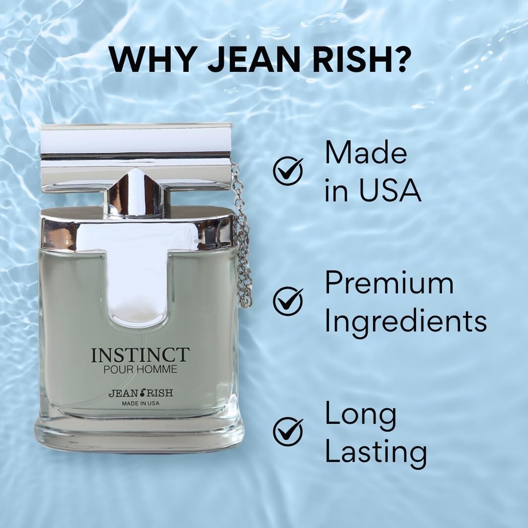 Jean Rish Instinct Pour Homme Eau De Toilette - Perfume for Men (3.4 Fl Oz / 100ml) with Ambergis, Jasmine & Orange Notes - Long Lasting and Luxury Fragrance, Made in USA
