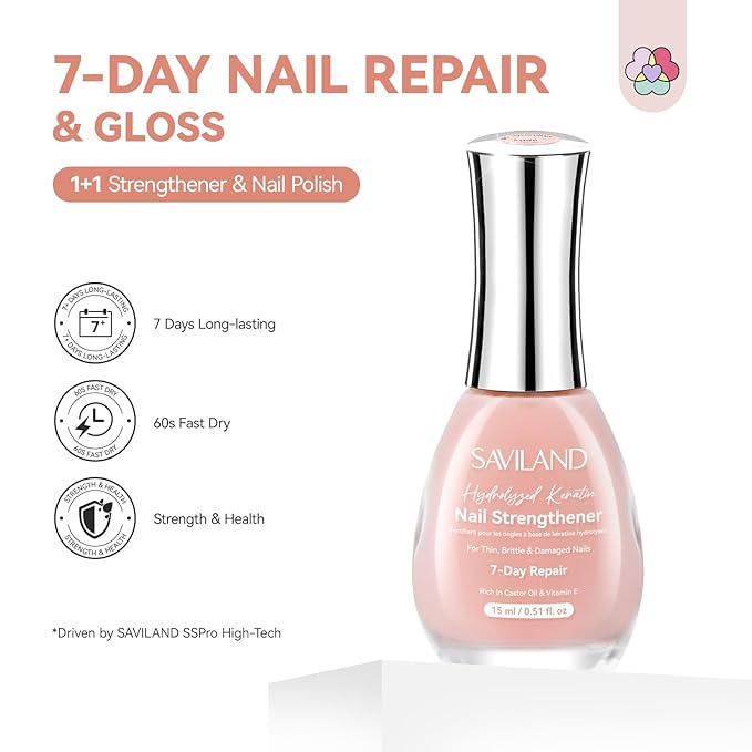 SAVILAND Advanced Nail Strengthener: Nude Air Dry Natural Concealer Foundation Polish Nail Growth for Damaged Nails Repair Weak & Thin Nails Fingernail Strengthening 15ml Women Gift