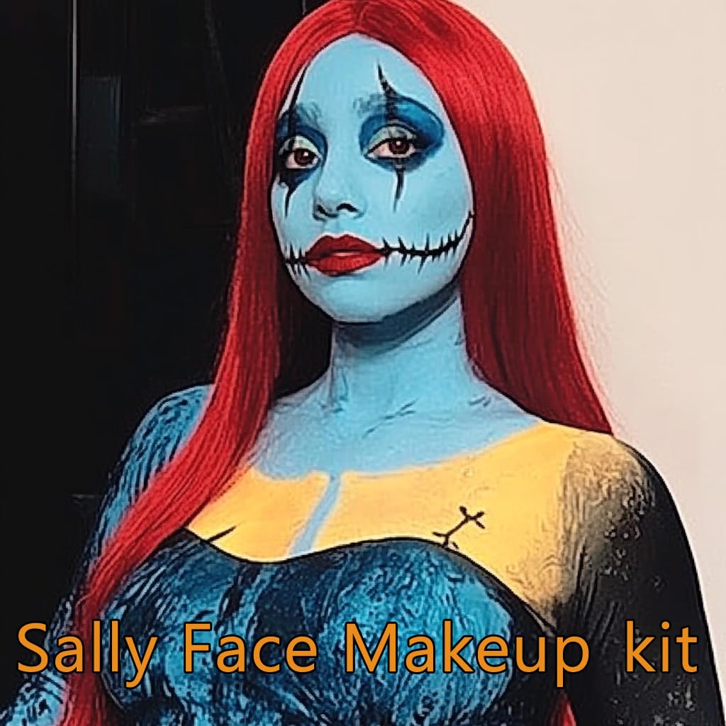 Sally Makeup Kit,Corpse Bride Halloween Makeup Kit,Water Based Light Blue Face Body Paint+Black Eyeliner+Red Lipstick+Sponge,Baby Blue Face Painting Kit for Sally Costume Cosplay