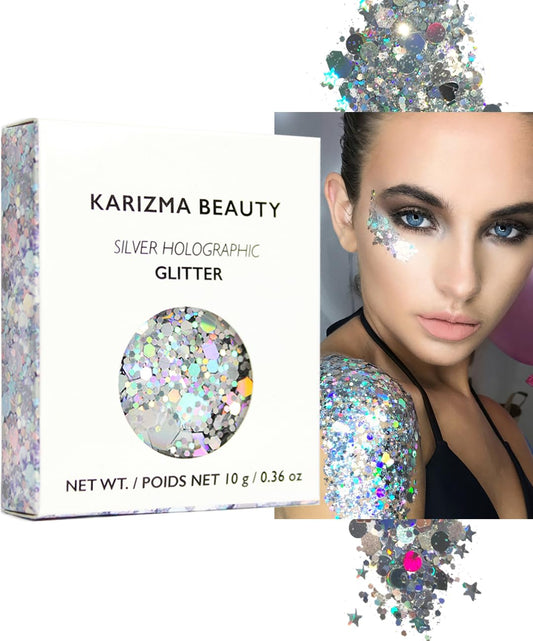 KARIZMA Holographic Silver Body Glitter. 10g Chunky Face, Hair, Eye and Body for Women. Rave, Festival Accessories, Cosmetic Makeup. Loose Set