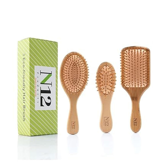N12 Set of 3 Bamboo Wooden hairbrush for Women Men and Kids - Anti-Static Comb for Scalp Massage, Detangling Styling Frizz Control Breakage Reduction, Knot-Free Curly Thick Long Fine Dry Wet Hair