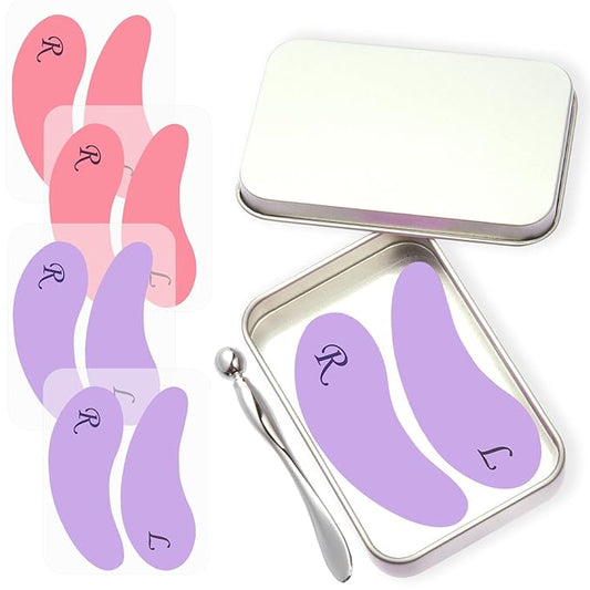 4 Pairs Reusable Under Eye Wrinkle Patches Silicone Mask, Plump Fine Lines & Wrinkles, with Metal Eye Cream Applicator, Tin Case, Purple&Pink
