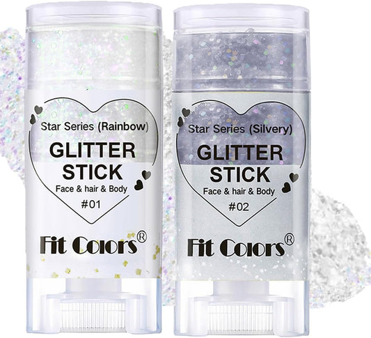 2Pcs Rainbow and Silvery Body Glitter Stick,Hair Face Glitter Gel Makeup for Kids Women,Sparkly Mermaid Face Paint,Singer Concert Outfit Festival Rave