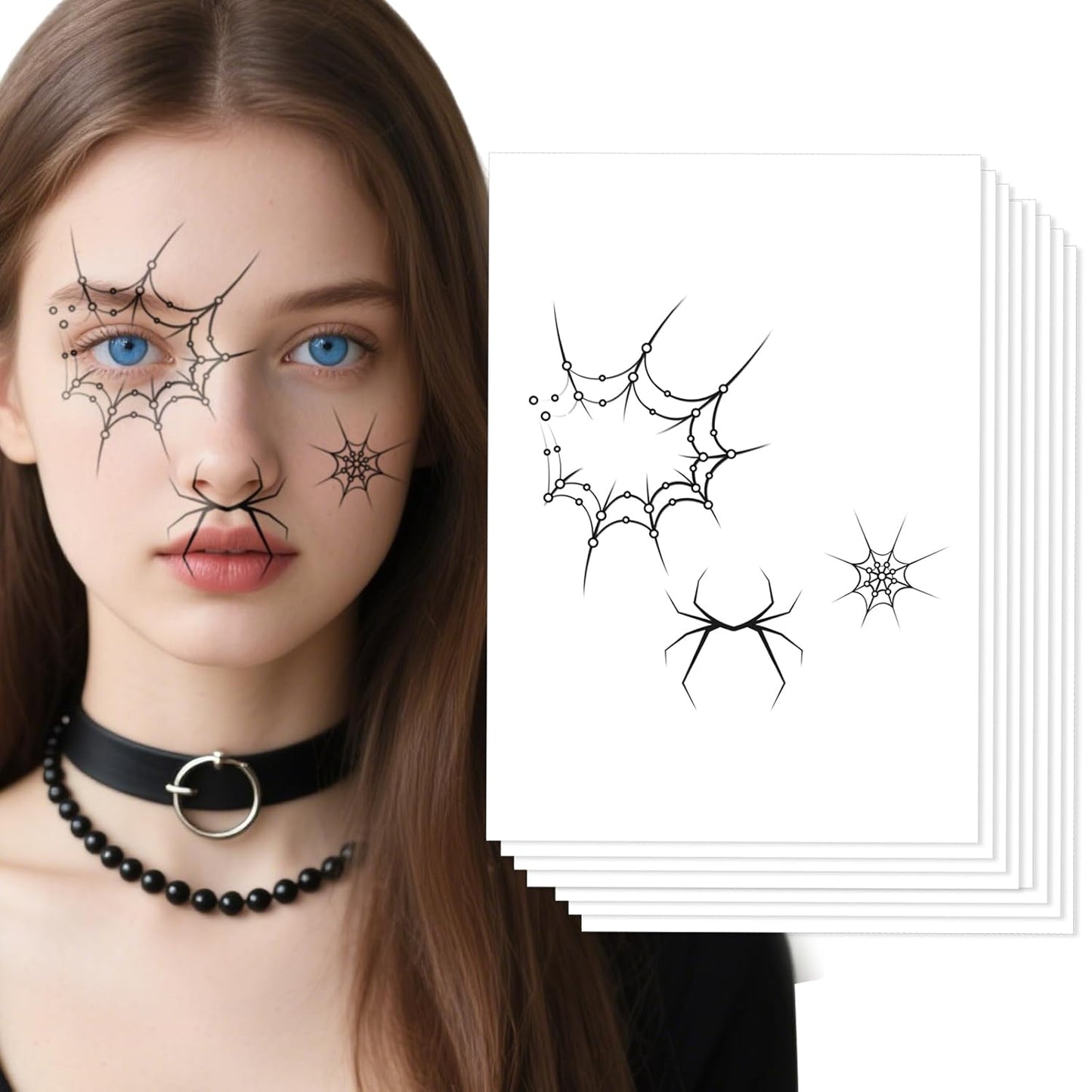 Halloween Temporary Face Tattoos, Temporary Tattoos Stickers,Temporary Makeup Tattoos with Spiderweb & Spider Design, Face Tattoo Sticker Art for Halloween, Adults, Kids 8Pcs