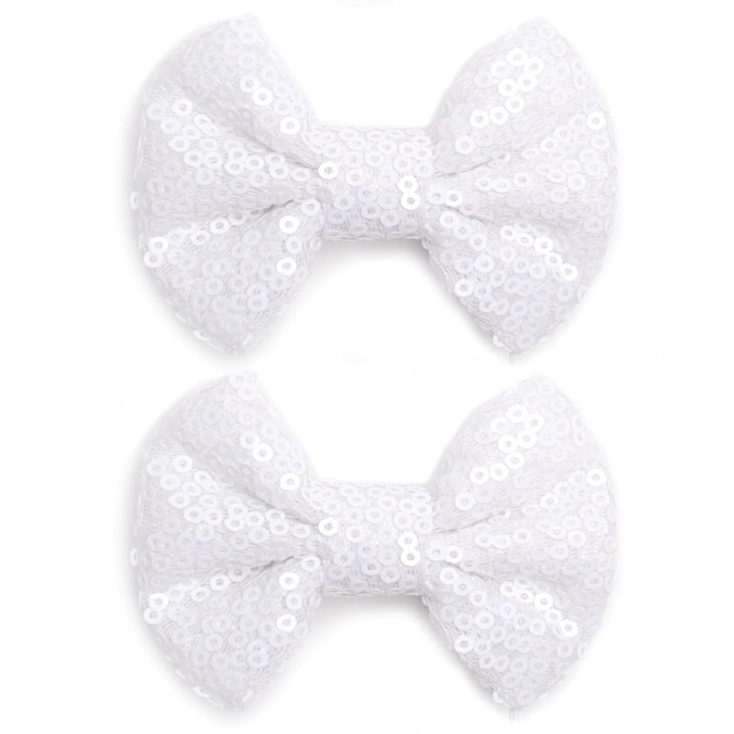 KISZU 3 Inch Glitter Hair Bows Clips, Sparkling Sequin Little Bow HairPins for Baby Girls Children Teens and Women (White)