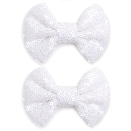 KISZU 3 Inch Glitter Hair Bows Clips, Sparkling Sequin Little Bow HairPins for Baby Girls Children Teens and Women (White)