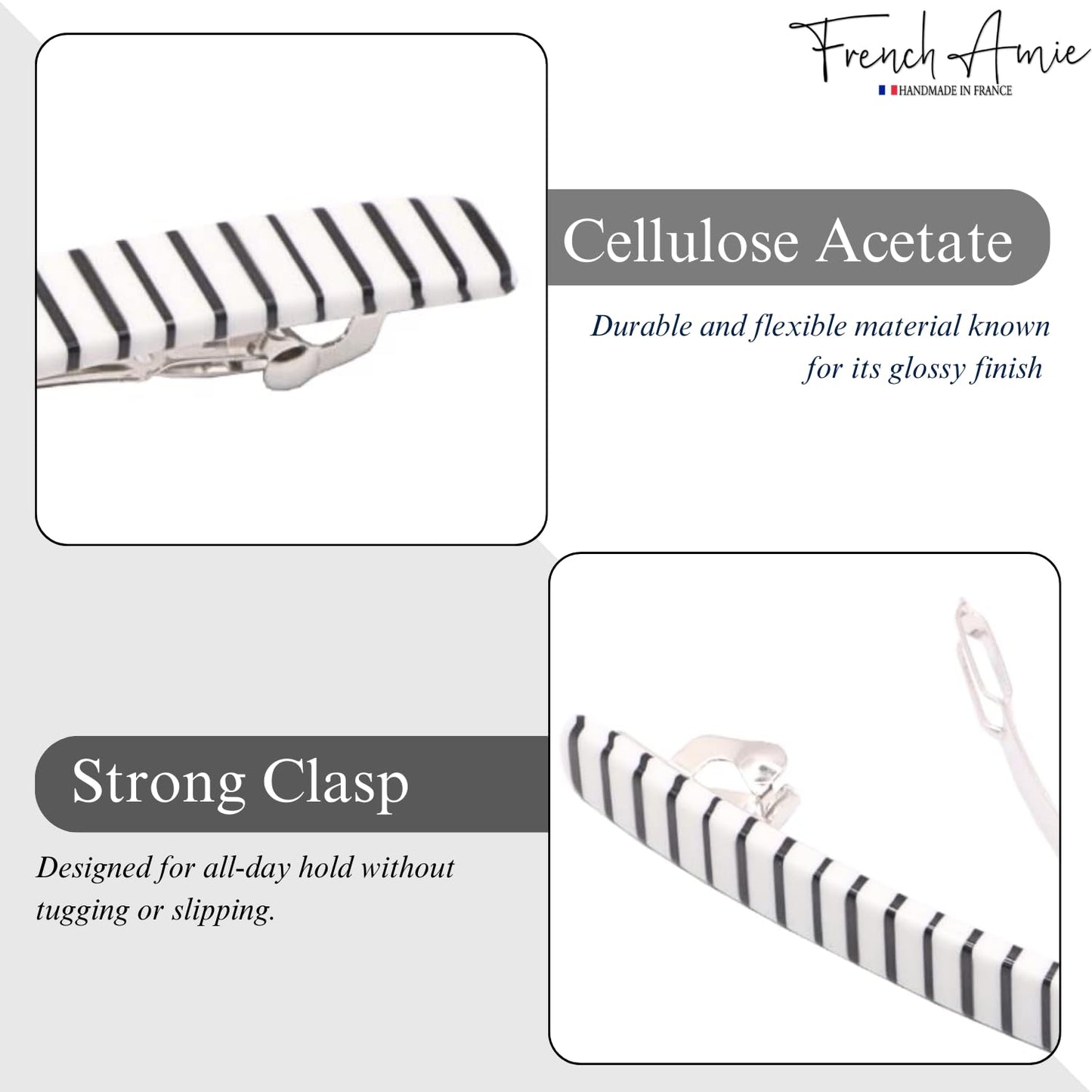French Amie Long and Thin Black White Large 4” Handmade Celluloid Automatic Hair Clip Barrette for Women and Girls (Stripe)