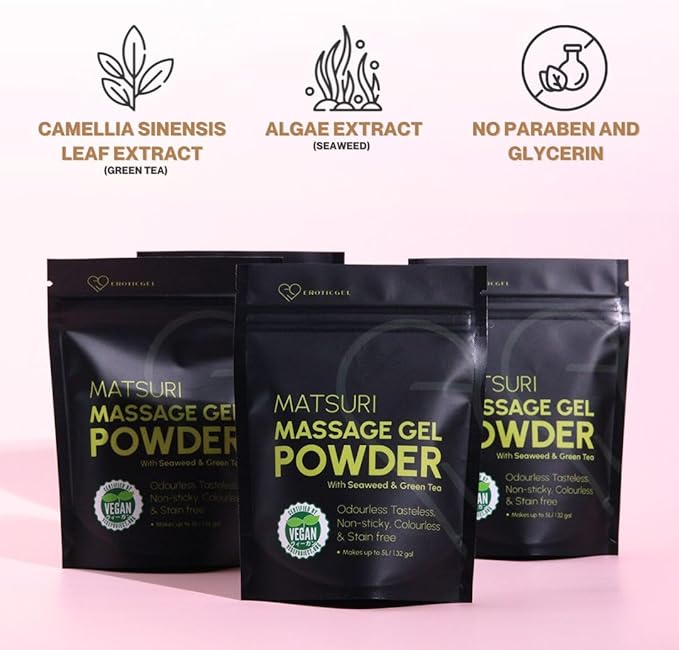 Japanese Nuru Massage Gel Powder 50g - Matsuri Edition | Resealable Sachet | Seaweed & Green Tea | Made in Japan | Slippery, Odorless, Tasteless, and Stain-Free | Makes Up to 1.32 Gallons of Gel