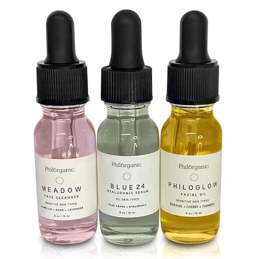 Philorganic Sustainable Facial Care Kit- Organic Trio Set- Cleanser, Hyaluronic Serum, & Oil - Self-Care Spa Moment & Gift - Small Batch USA Made