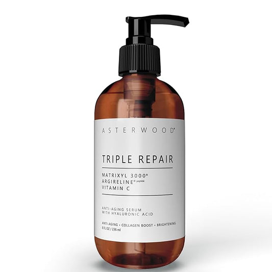 Asterwood Triple Repair Matrixyl 3000 + Argireline + Hyaluronic Acid + Vitamin C Serum for Face - Anti-Aging, Collagen Boosting, Hydrating - Fragrance-Free - 8 Fl Oz
