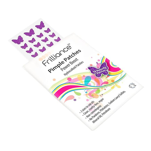 Frilliance Purple Butterfly Shaped Power Boost Salicylic & Hydrocolloid Acne Pimple Patches for Zits and Blemishes (18 Count, 2 Sizes), Vegan and Cruelty Free