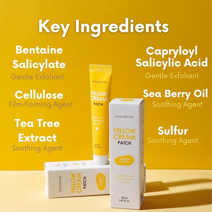 Yellow Cream Patch | Proactive Spot Care with Sulfur and BHA, Salicylic Acid Blemish Care, Cream to Patch Formula, Makeup-Friendly, Hydrating & Soothing, Korean Skincare, 0.67 fl oz.