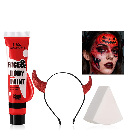 Halloween Makeup Kit for Demon, Water-Based Non-Toxic Face Paint Set with Red Face Body Paint, Red Horn Headband, for Halloween Devil Cosplay SFX Makeup, Theme Parties, Theatre