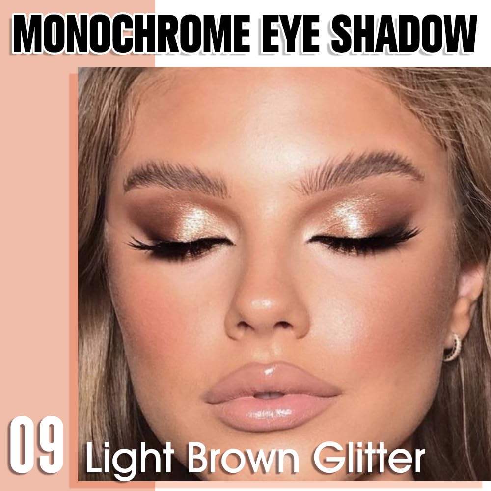 Light Brown Glitter Single Eyeshadow, Lightweight Blendable Mini Eye Shadow for Older Women, Monochrome Eyeshadow Palette Makeup Pigmented Waterproof, Vegan & Cruelty-Free, 09