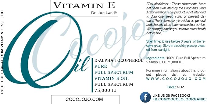 cocojojo Vitamin E Oil for Skin, Organic Vitamin E Oil for Hair, Face, Liquid Vitamin E, Vitamin E Body Oil, 100% Pure Natural Cold Pressed Unrefined, Moisturizes & Nourishes, Non GMO - 4 Oz