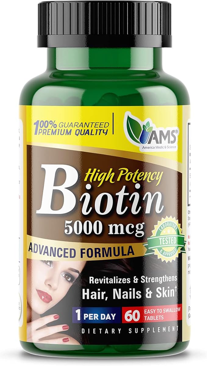 America Medic & Science High Potency Biotin 5,000 mcg | Vitamin B7 Dietary Supplement for Men and Women | Hair Growth Support | for Healthy Skin, Nails, and Metabolism