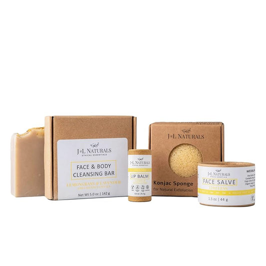 J&L Naturals Simple Skin Regimen Kit With Cleansing Bar, Face Salve, Konjac Sponge, Lip Balm | For Oily, Dry, Mature, and Combination Skin | Zero Waste (Timeless (mature skin), Simple)