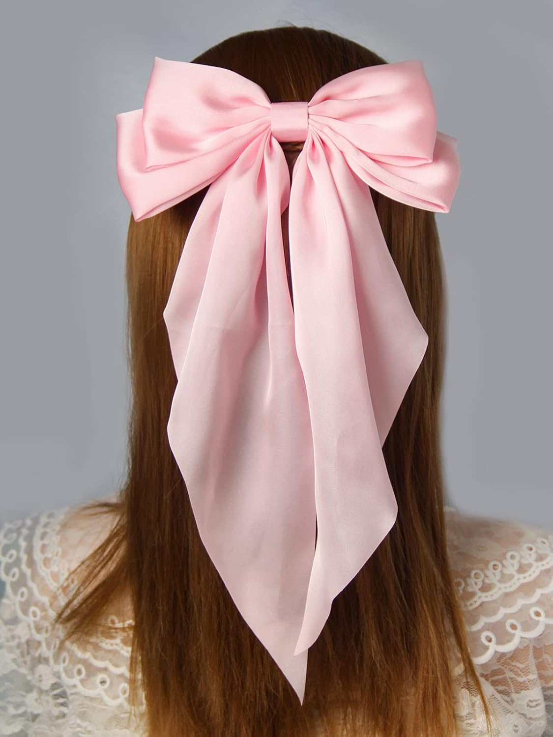 Furling Pompoms Hair Bow Clip, Pink Beige Satin Long Tails with Alligator Clips, Large Bow Hair Accessories for Women and Girls, 2pcs