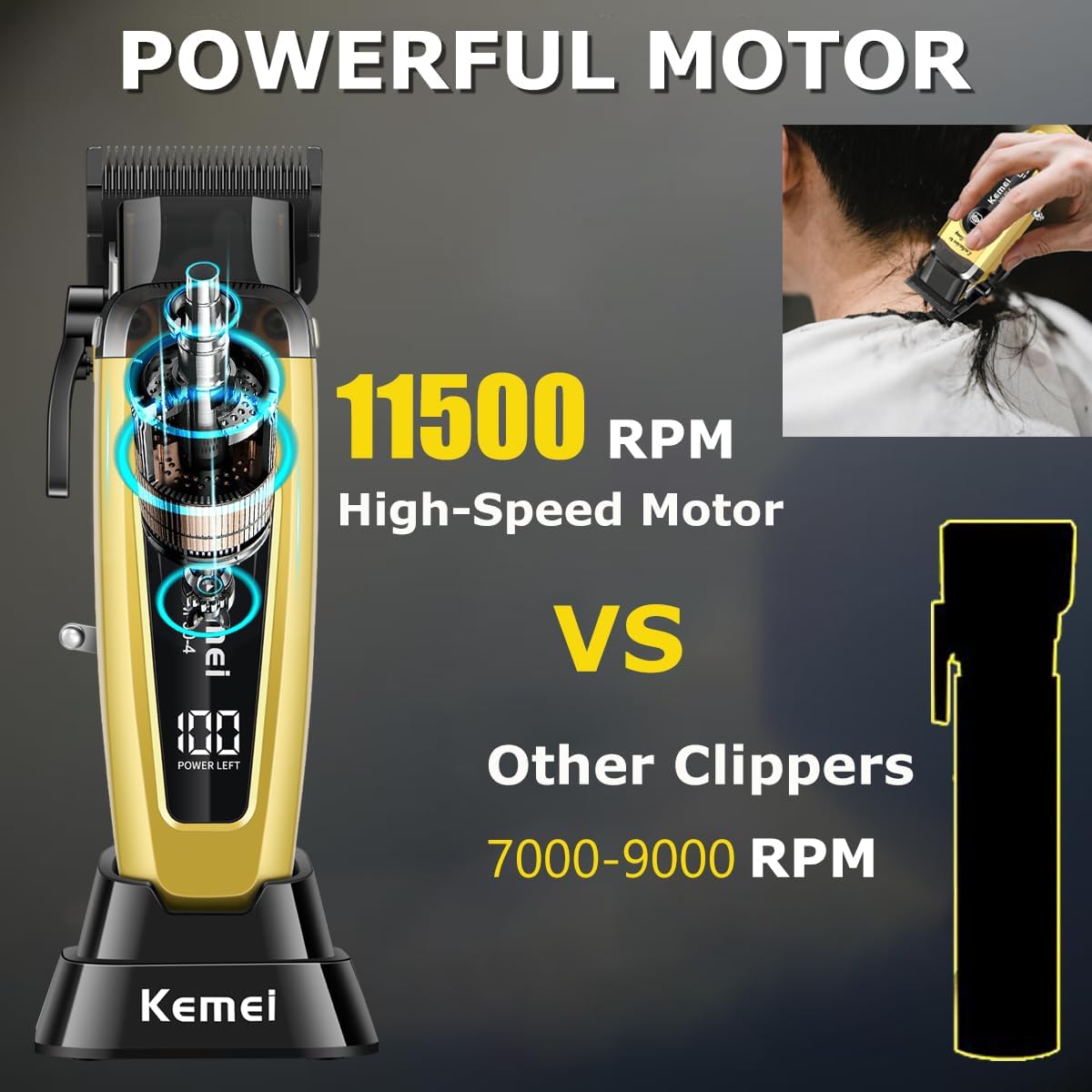 KEMEI 90-4 Professional Hair Clippers for Men, 11500 RPM Barber Clippers with LED Display, Cordless Hair Trimmer with DLC Blade & Charging Base, 2000 mAh Hair Clipper for Barbers Haircut Kit