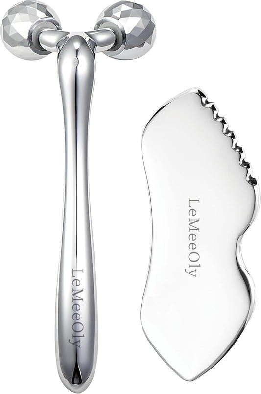 Gua Sha Facial Tools Stainless Steel & Face Roller Massager Skin Set, Metal Guasha Facial Roller Massage Tool Natural Skin Care for Face Neck Body, Reduce Puffiness Remove Wrinkles, Gift for Women