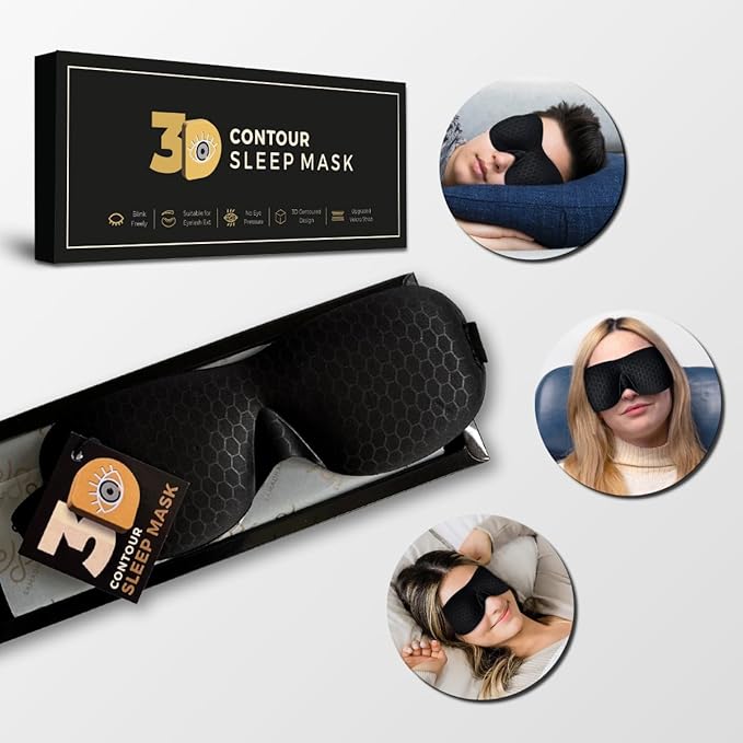 3D Contoured Eye Mask for Sleeping | Sleep Mask for Side Sleepers | Eyelash Extensions with Velcro Closure | Shade Cover | Eye Sleeping Mask | Flight Essential | Black | Concave Molded