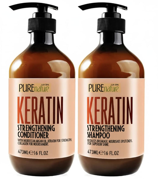 Keratin Shampoo and Conditioner Set - Sulfate and Paraben Free Treatment for Dry Hair - Anti Frizz, Collagen Enriched Formula for Curly or Damaged Hair - Safe for Men and Women with Color Treated Hair