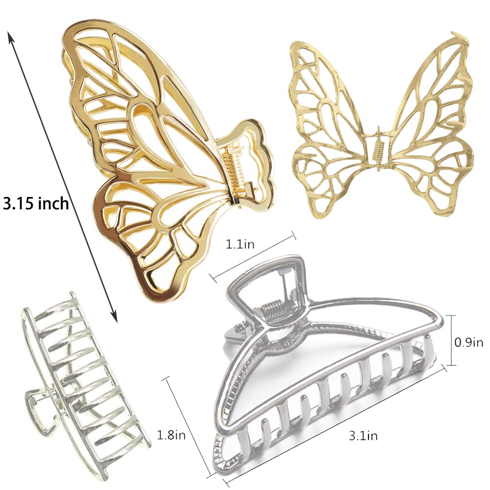 6 Packs Large Metal Hair Claw Clips, Butterfly Lady Thick Hair Catch Barrette, Non-slip Hair Jaw Clamp Clips Styling Fashion Accessories for Women Girls, Bright&Matte Gold&Silver