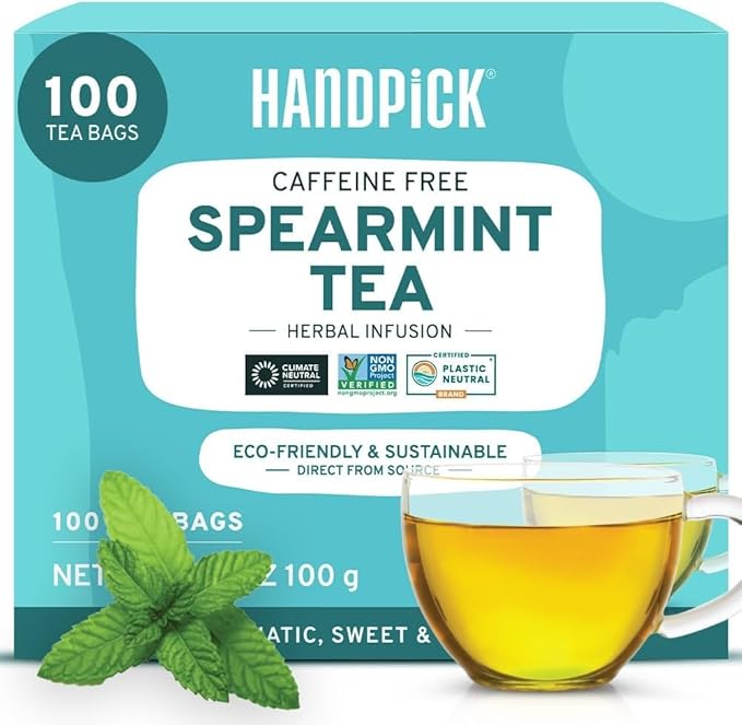 HANDPICK, Spearmint Tea Bags (100 Herbal Tea Bags) |Refreshing Mint Tea | Non-GMO, Gluten Free | Round Eco-Conscious Teabags