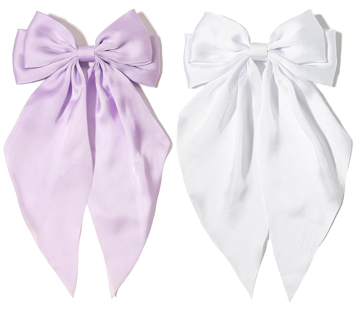 Furling Pompoms Hair Bows Clips for Women Large Bow Clips for Girls Satin Long Tails with Alligator Clips Big Hair Bow Hair Accessories (Lilac White)